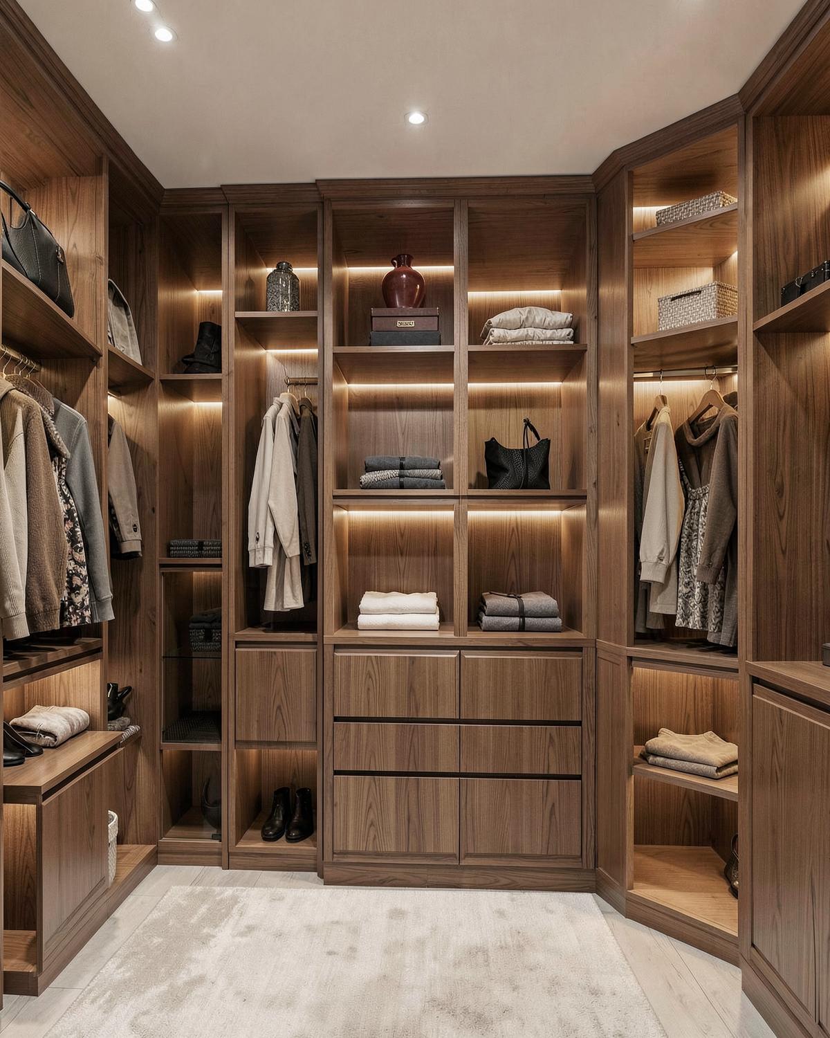 Custom wood built-in shelving and closet millwork