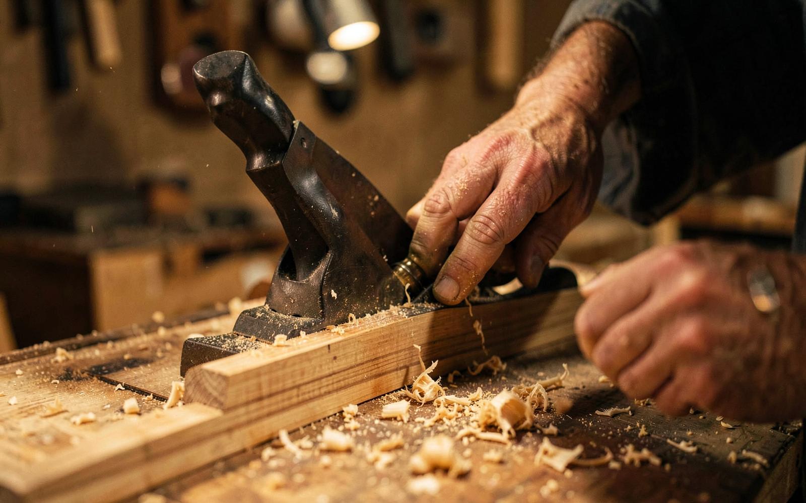 Carpenter hand-planing a piece of wood in a workshop