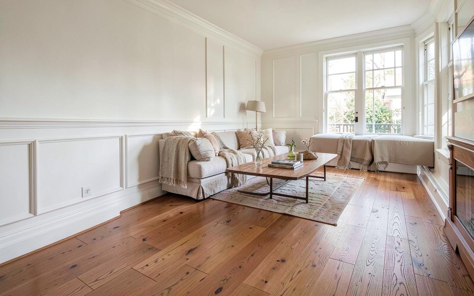 Living room with wide plank oak flooring and painted wall trim