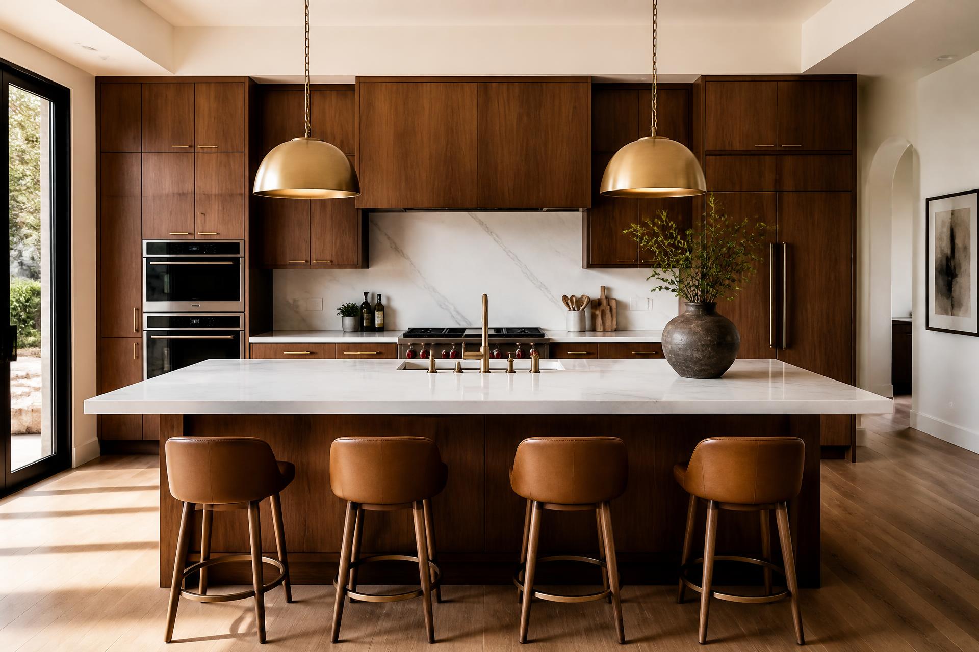 Luxury kitchen with custom walnut cabinetry and stone island countertop
