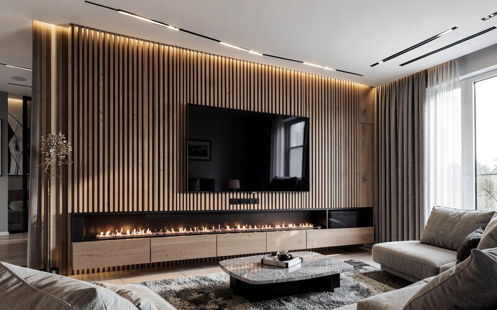 Architectural slatted wood TV feature wall in a modern living room